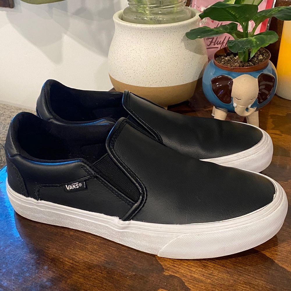 Asher Leather Vans Slip On Sneakers  Deluxe Comfort Insoles
